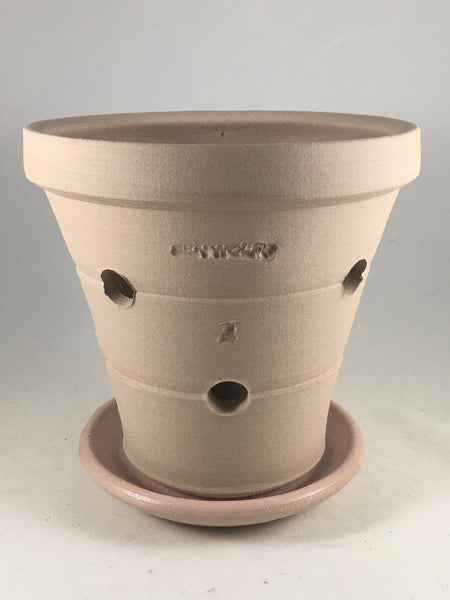 SPC1082-11 Ben Wolff #4 Orchid Pot in Tan. Sealed saucer with cork pads. 7"H x 7”W --- ONE OF A KIND