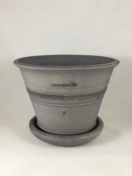 SPC1127-21 Ben Wolff #4 Half Pot in Grey Finish. Sealed #6 saucer with cork pads. 5.75”H x 8.25”W --- ONE OF A KIND