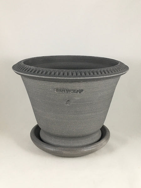 SPC1087-16 Ben Wolff #4 Half Pot in Grey Finish. Sealed #6 saucer with cork pads. 6”H x 8.25”W --- ONE OF A KIND