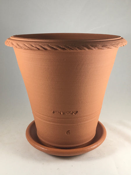 SPC1040-12 Ben Wolff #6 Flower Pot in Terracotta. Sealed saucer with cork pads. 8”H 8.5”W--- ONE OF A KIND
